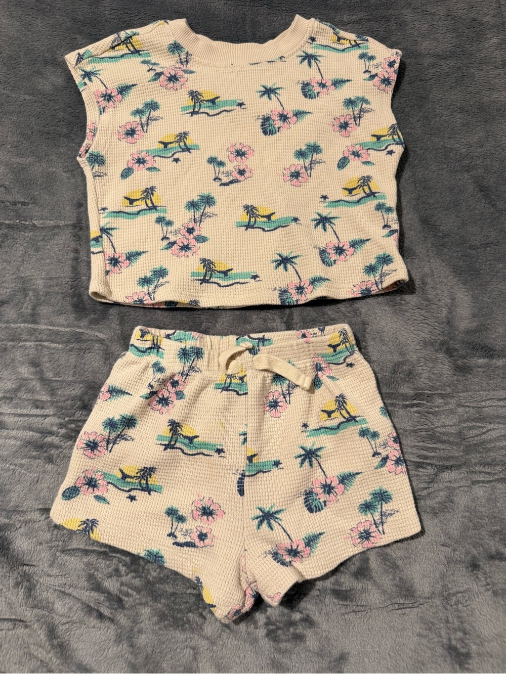 Kids Waffle Knit Matching Short Set in Cream with Pink & Teal Tropical Print
